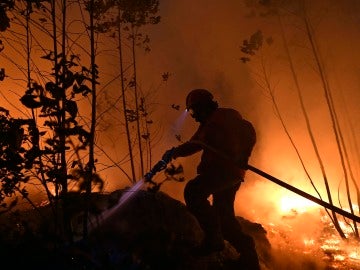 Un bombero combate un incendio forestal en Aveiro, Portugal.