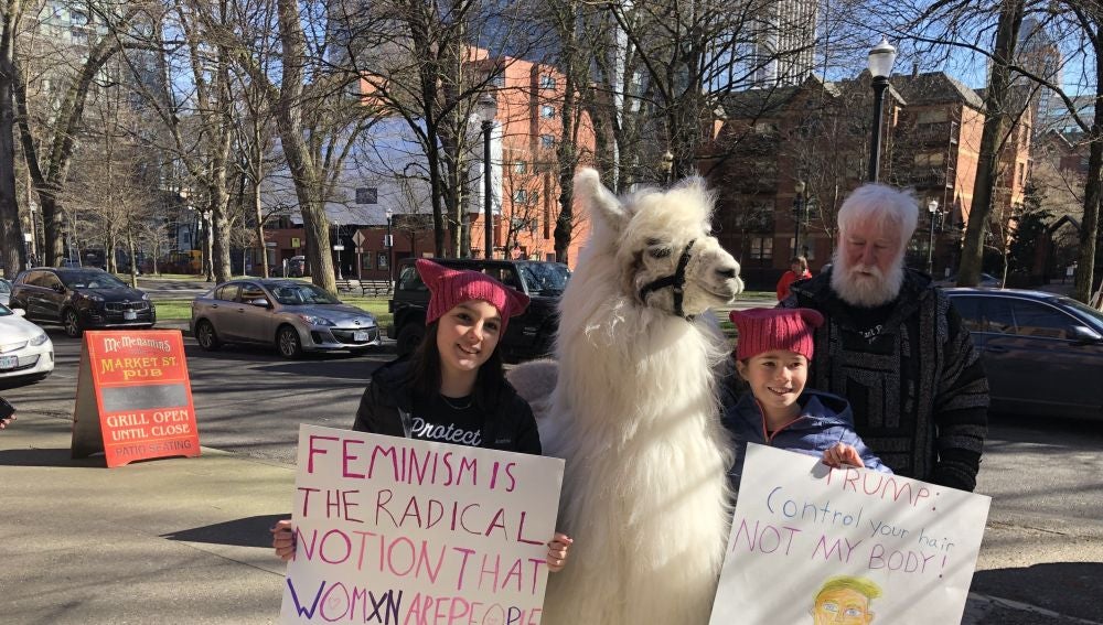 La llama Caesar, en la marcha por la mujer de Portland