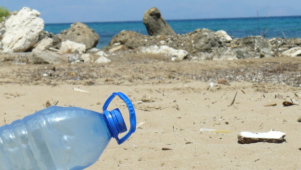 Una botella de plástico junto con otros residuos en una playa