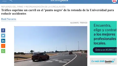 Rotonda Universidad de Alicante Hace unos días pintaron las rayas de los carriles modificando totalmente la forma de circular, de forma que en poco menos de 4 metros hay que cambiar de forma obligatoria de carril, a derecha e izquierda, lo que la ha convertido en algo muy peligroso circular en ella, ya que es la confluencia entre la autovía A7, Alicante, universidad y San Vicente. Para los que venimos de a ELCHE a San Vicente, debemos rodear la rotonda y girar a la derecha para ir a San Vicente, pero el nuevo trazado nos obliga a hace este giro desde el carril de la izquierda, con el peligro que esto supone, teniendo en cuenta que esta zona es una de las más concurridas de España, y por la gran cantidad de tráfico que soporta esta rotonda. Como se puede ver en la foto, no se puede girar a la derecha desde el carril de la derecha para girar a San Vicente, lo que obliga a hacerlo desde el carril interior.