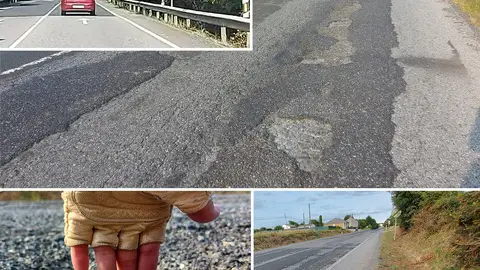 Carretera deteriorada con baches e hitos caídos Carretera deteriorada con baches e hitos caídos