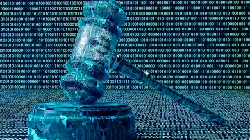Un mallete de juez sobre un fondo codificado en sistema binario Un mallete de juez sobre un fondo codificado en sistema binario