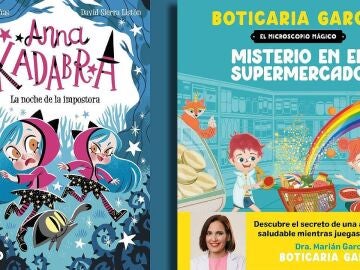 Portadas Anna Kadabra, La noche de la impostora y de El microscopio mágico