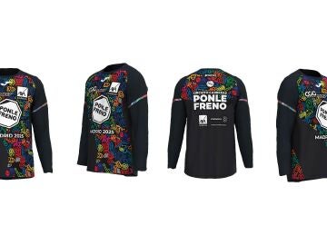 Así es la camiseta de la Carrera Ponle Freno Madrid 2025: de color negro, con llamativos símbolos de colores y componentes reflectantes en mangas y pecho