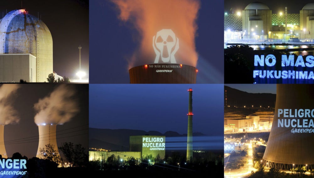 Imágenes de los mensajes proyectados por Greenpeace en seis centrales nucleares españolas