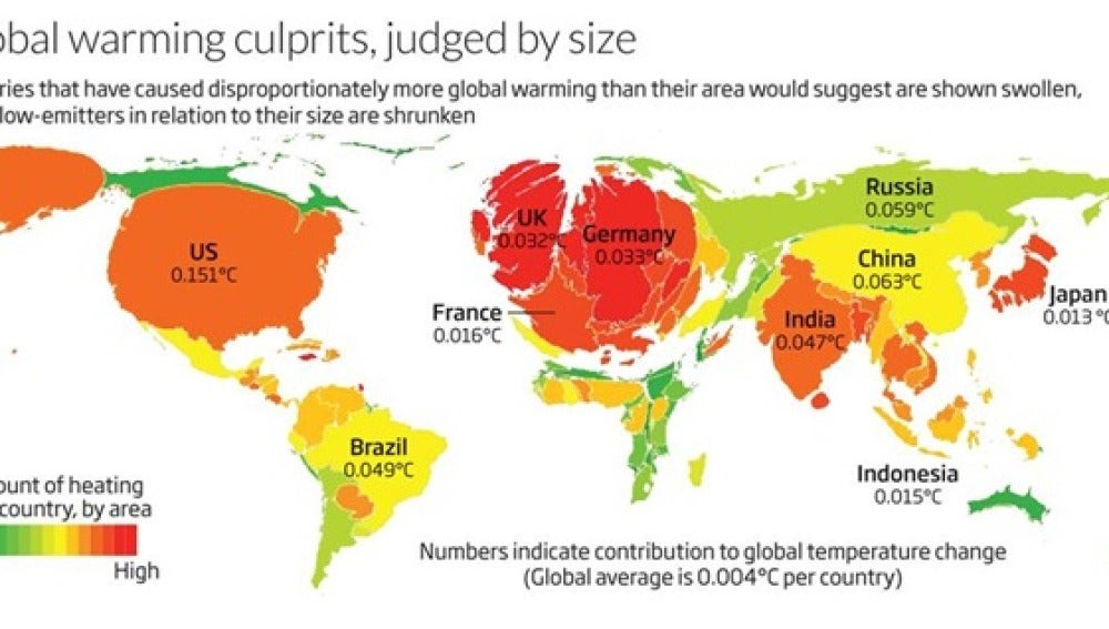 Contribución de cada país al aumento de temperatura según su tamaño