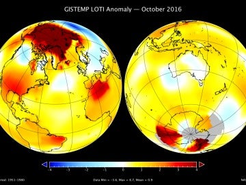 Mapa de Octubre 2016, muestra la anomalía en el Ártico