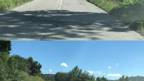 Carretera caída y con agujero As-332 villaviciosa a la altura del pueblo Fuentes entre km 1 y 4 carretera caída cubierta con gravilla en mitad curva, caída en otra curva y con agujero más adelante en el medio.