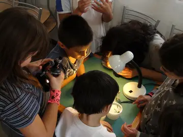 Un grupo de niños en una actividad científica Un grupo de niños en una actividad científica