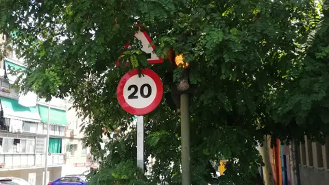 Semaforo y señal tapada en Torrejon de Ardoz Semáforo y señal que indica el paso de peatones tapada en el cruce de las calles de la Circunvalación, Pino y Caucho en Torrejón de Ardoz.