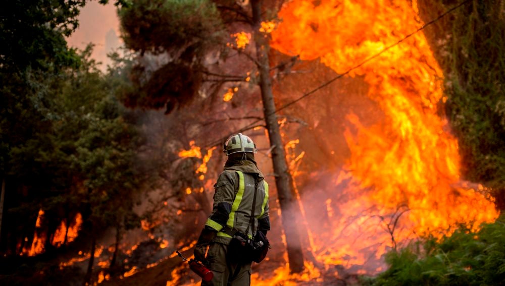 Un bombero realiza labores de extinción en el incendio forestal que permanece activo en el municipio orensano de Toén