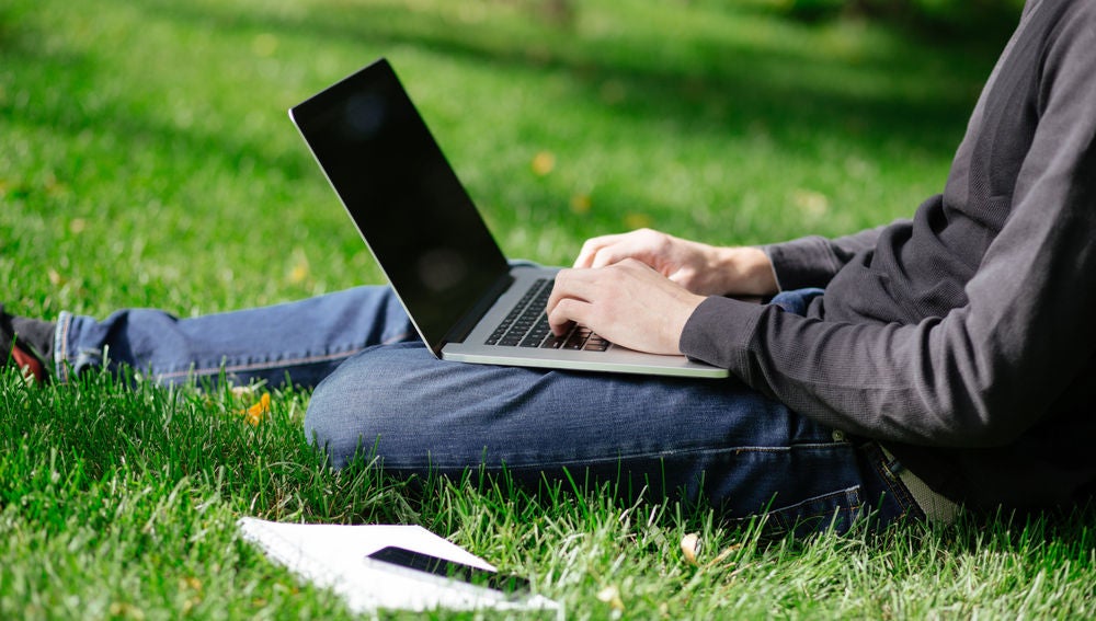 Una persona sentada en un prado navega por Internet con un portátil