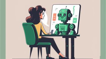 Imagen generada por Midjourney por el prompt "robot teniendo una reunión online con una mujer"